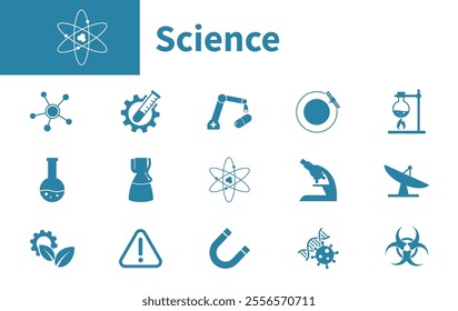 Set of icons about laboratory, test tube, robot arm, medical, radio telescope. Solid vector icon on science theme.