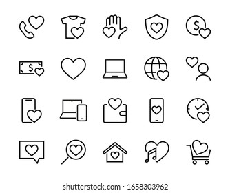 The set of icons about love contains such icons as love of music, declaration of love, heart, favorite home, Linear set. Vector on a white background. Editable stroke. 480x480.