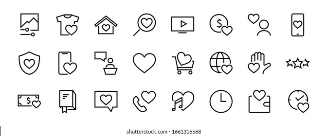  The set of icons about love contains such icons as love of music, declaration of love, heart, favorite home, Linear set. Vector on a white background. Editable stroke. 480x480.