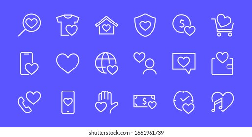  The set of icons about love contains such icons as love of music, declaration of love, heart, favorite home, Linear set. Vector on a white background. Editable stroke. 480x480.