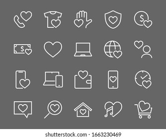  The set of icons about love contains such icons as love of music, declaration of love, heart, favorite home, Linear set. Vector on a white background. Editable stroke. 480x480.