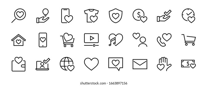  The set of icons about love contains such icons as love of music, declaration of love, heart, favorite home, Linear set. Vector on a white background. Editable stroke. 480x480.