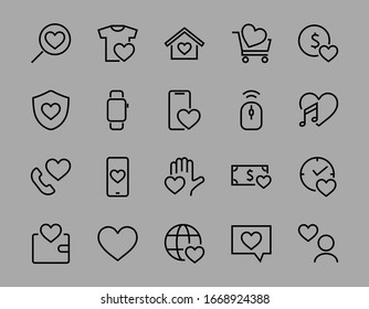  The set of icons about love contains such icons as love of music, declaration of love, heart, favorite home, Linear set. Vector on a white background. Editable stroke. 480x480.