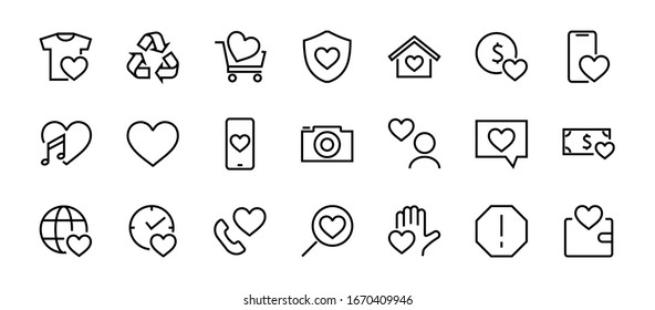  The set of icons about love contains such icons as love of music, declaration of love, heart, favorite home, Linear set. Vector on a white background. Editable stroke. 480x480.