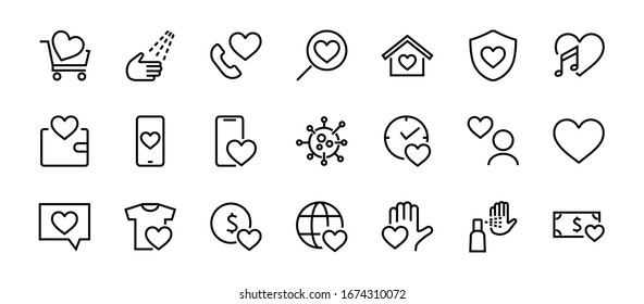 The set of icons about love contains such icons as love of music, declaration of love, heart, favorite home, Linear set. Vector on a white background. Editable stroke. 480x480.