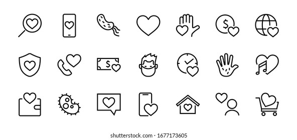 The set of icons about love contains such icons as love of music, declaration of love, heart, favorite home, Linear set. Vector on a white background. Editable stroke. 480x480.