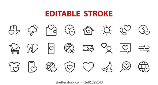  The set of icons about love contains such icons as love of music, declaration of love, heart, favorite home, Linear set. Vector on a white background. Editable stroke. 480x480.