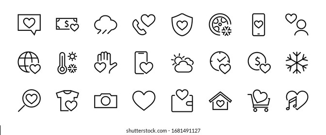 The set of icons about love contains such icons as love of music, declaration of love, heart, favorite home, Linear set. Vector on a white background. Editable stroke. 480x480.