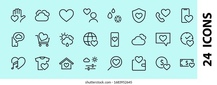 The set of icons about love contains such icons as love of music, declaration of love, heart, favorite home, Linear set. Vector on a white background. Editable stroke. 480x480.