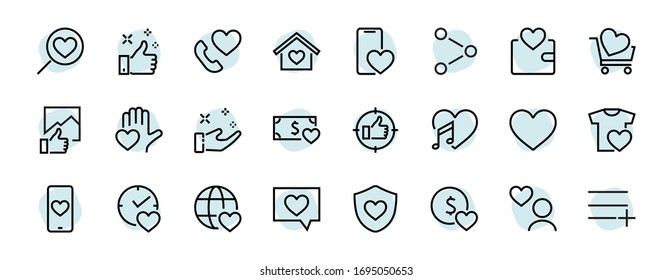  The set of icons about love contains such icons as love of music, declaration of love, heart, favorite home, Linear set. Vector on a white background. Editable stroke. 480x480.