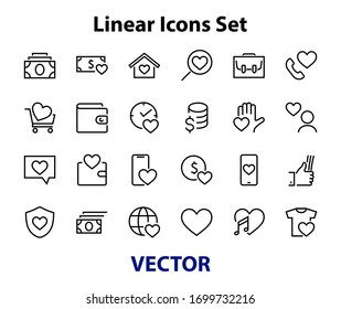  The set of icons about love contains such icons as love of music, declaration of love, heart, favorite home, Linear set. Vector on a white background. Editable stroke. 480x480.