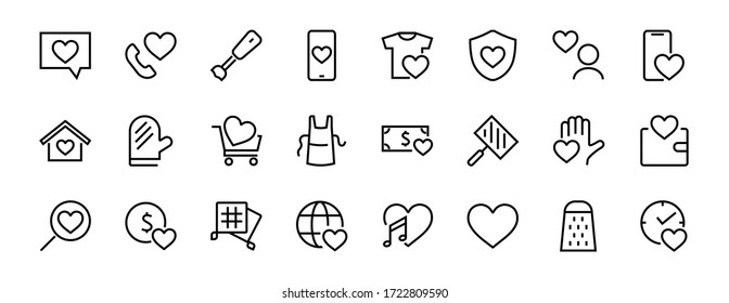 The set of icons about love contains such icons as love of music, declaration of love, heart, favorite home, Linear set. Vector on a white background. Editable stroke. 480x480.