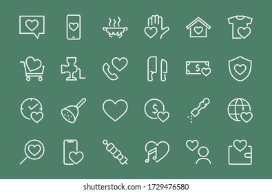 The set of icons about love contains such icons as love of music, declaration of love, heart, favorite home, Linear set. Vector on a white background. Editable stroke. 480x480.