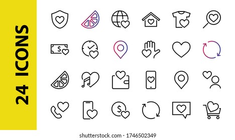 The set of icons about love contains such icons as love of music, declaration of love, heart, favorite home, Linear set. Vector on a white background. Editable stroke. 480x480.