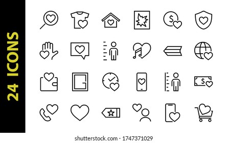 The set of icons about love contains such icons as love of music, declaration of love, heart, favorite home, Linear set. Vector on a white background. Editable stroke. 480x480.