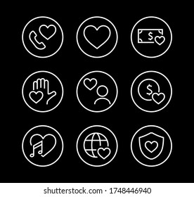 The set of icons about love contains such icons as love of music, declaration of love, heart, favorite home, Linear set. Vector on a white background. Editable stroke. 480x480.