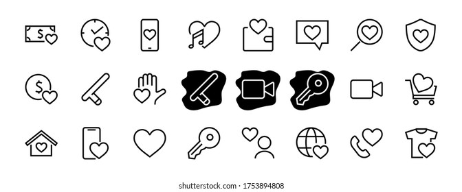 The set of icons about love contains such icons as love of music, declaration of love, heart, favorite home, Linear set. Vector on a white background. Editable stroke. 480x480.