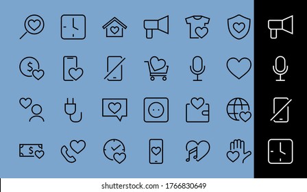 The set of icons about love contains such icons as love of music, declaration of love, heart, favorite home, Linear set. Vector on a white background. Editable stroke. 480x480.