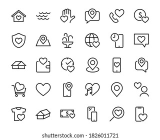 The set of icons about love contains such icons as love of music, declaration of love, heart, favorite home, Linear set. Vector on a white background. Editable stroke. 480x480.