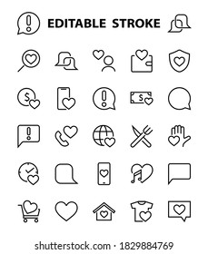 The set of icons about love contains such icons as love of music, declaration of love, heart, favorite home, Linear set. Vector on a white background. Editable stroke. 480x480.