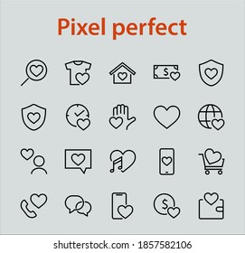 The set of icons about love contains such icons as love of music, declaration of love, heart, favorite home, Linear set. Vector on a white background. Editable stroke. 480x480.