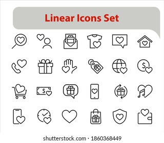 The set of icons about love contains such icons as love of music, declaration of love, heart, favorite home, Linear set. Vector on a white background. Editable stroke. 480x480.