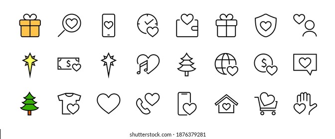 The set of icons about love contains such icons as love of music, declaration of love, heart, favorite home, Linear set. Vector on a white background. Editable stroke. 480x480.
