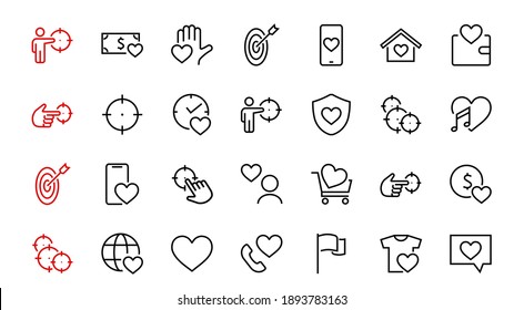 The set of icons about love contains such icons as love of music, declaration of love, heart, favorite home, Linear set. Vector on a white background. Editable stroke. 480x480.