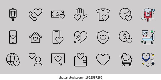  The set of icons about love contains such icons as love of music, declaration of love, heart, favorite home, Linear set. Vector on a white background. Editable stroke. 480x480.