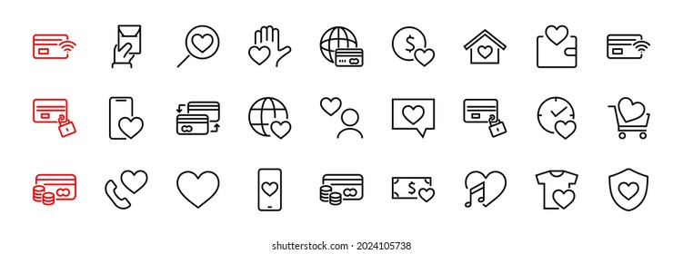  The set of icons about love contains such icons as love of music, declaration of love, heart, favorite home, Linear set. Vector on a white background. Editable stroke. 480x480.