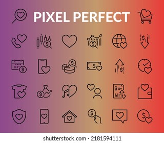  The set of icons about love contains such icons as love of music, declaration of love, heart, favorite home, Linear set. Vector on a white background. Editable stroke. 480x480.