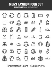 It's a set of icons about men's fashion. This content provides clothing, general merchandise, etc. Editable stroke. 48x48 Pixel Perfect.