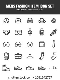 It's a set of icons about the men's fashion items. Editable stroke. 48x48 Pixel Perfect.