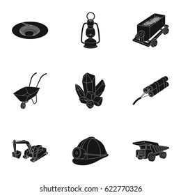 Set of icons about the mine. The extraction of coal, minerals, protection of the miners. Mine industral icon in set collection on black style vector symbol stock illustration.