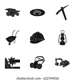 Set of icons about the mine. The extraction of coal, minerals, protection of the miners. Processing of coal.Mine industral icon in set collection on black style vector symbol stock illustration.