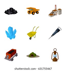 Set of icons about the mine. The extraction of coal, minerals, protection of the miners. Processing of coal.Mine industral icon in set collection on cartoon style vector symbol stock illustration.