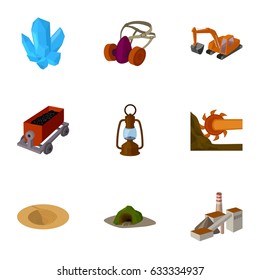 Set of icons about the mine. The extraction of coal, minerals, protection of the miners. Processing of coal.Mine industral icon in set collection on cartoon style vector symbol stock illustration.