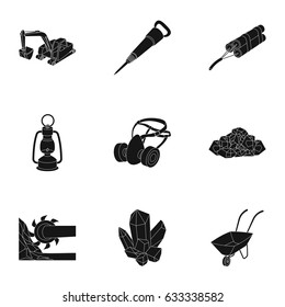 Set of icons about the mine. The extraction of coal, minerals, protection of the miners. Processing of coal.Mine industral icon in set collection on black style vector symbol stock illustration.