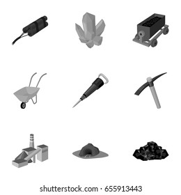 Set of icons about the mine. The extraction of coal, minerals, protection of the miners. Processing of coal.Mine industral icon in set collection on monochrome style vector symbol stock illustration.