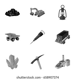 Set of icons about the mine. The extraction of coal, minerals, protection of the miners. Processing of coal.Mine industral icon in set collection on monochrome style vector symbol stock illustration.