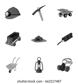 Set of icons about the mine. The extraction of coal, minerals, protection of the miners. Processing of coal.Mine industral icon in set collection on monochrome style vector symbol stock illustration.