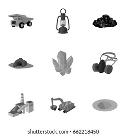 Set of icons about the mine. The extraction of coal, minerals, protection of the miners. Processing of coal. Industral icon in set collection on monochrome style vector illustration.