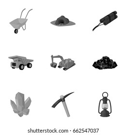 Set of icons about the mine. The extraction of coal, minerals, protection of the miners. Processing of coal.Mine industral icon in set collection on monochrome style vector symbol stock illustration.