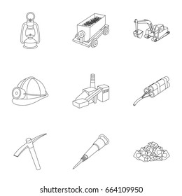 Set of icons about the mine. The extraction of coal, minerals, protection of the miners. Processing of coal.Mine industral icon in set collection on outline style vector symbol stock illustration.