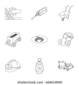 Set of icons about the mine. The extraction of coal, minerals, protection of the miners. Processing of coal.Mine industral icon in set collection on outline style vector symbol stock illustration.