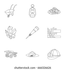 Set of icons about the mine. The extraction of coal, minerals, protection of the miners. Processing of coal.Mine industral icon in set collection on outline style vector symbol stock illustration.