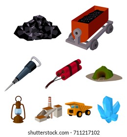 Set of icons about the mine. The extraction of coal, minerals, protection of the miners. Processing of coal.Mine industral icon in set collection on cartoon style vector symbol stock illustration.