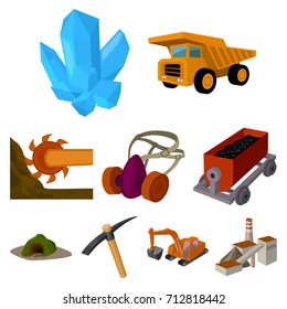 Set of icons about the mine. The extraction of coal, minerals, protection of the miners. Processing of coal.Mine industral icon in set collection on cartoon style vector symbol stock illustration.