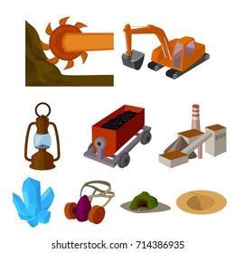 Set of icons about the mine. The extraction of coal, minerals, protection of the miners. Processing of coal.Mine industral icon in set collection on cartoon style vector symbol stock illustration.