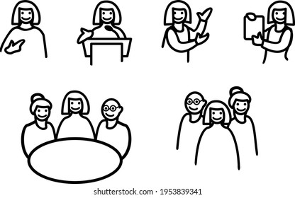 A set of icons about self-presentation and teamwork. Introduction, explanation, conference, meeting, achievements.